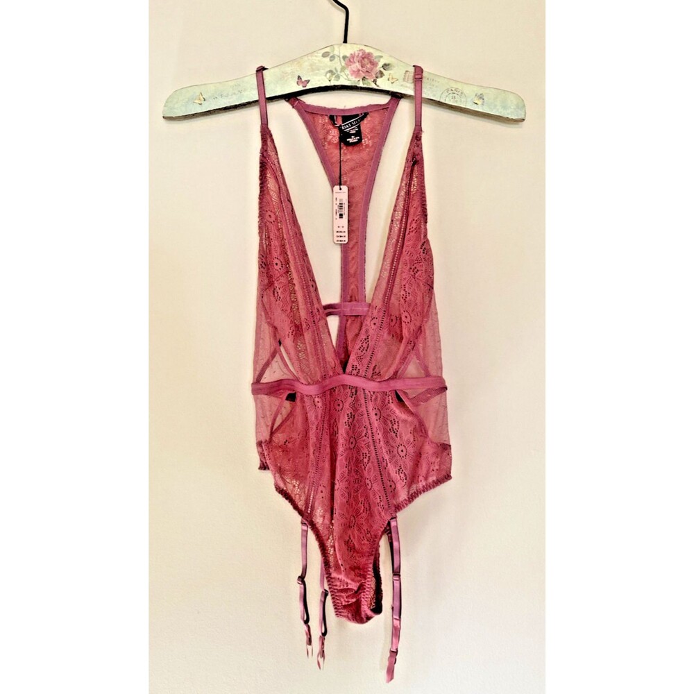 NWT Victorias Secret M BodySuit Mauve/Dusty Rose Lace Garter Lingerie